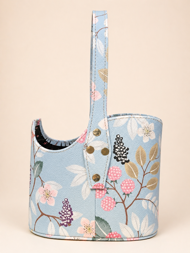 Matera canasta en cuero sintético porta termo con asas largas diseño flores celeste