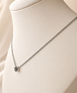 Cadena de acero quirúrgico con punto de luz, presentada sobre busto blanco con fondo neutro cálido de perfil