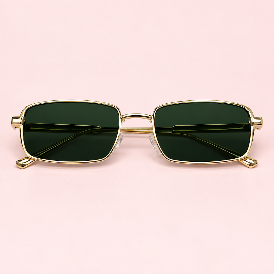 Lente de sol unisex ELIO rectangular con armazón metálico dorado y cristales verdes oscuros