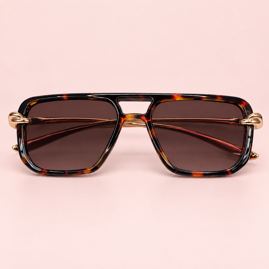 Lente de sol unisex NOVA rectangular de doble puente carey con patillas metálicas doradas, cristal marrón