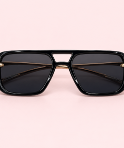 Lente de sol unisex NOVA rectangular de doble puente negro ¿con patillas metálicas doradas, cristal negro