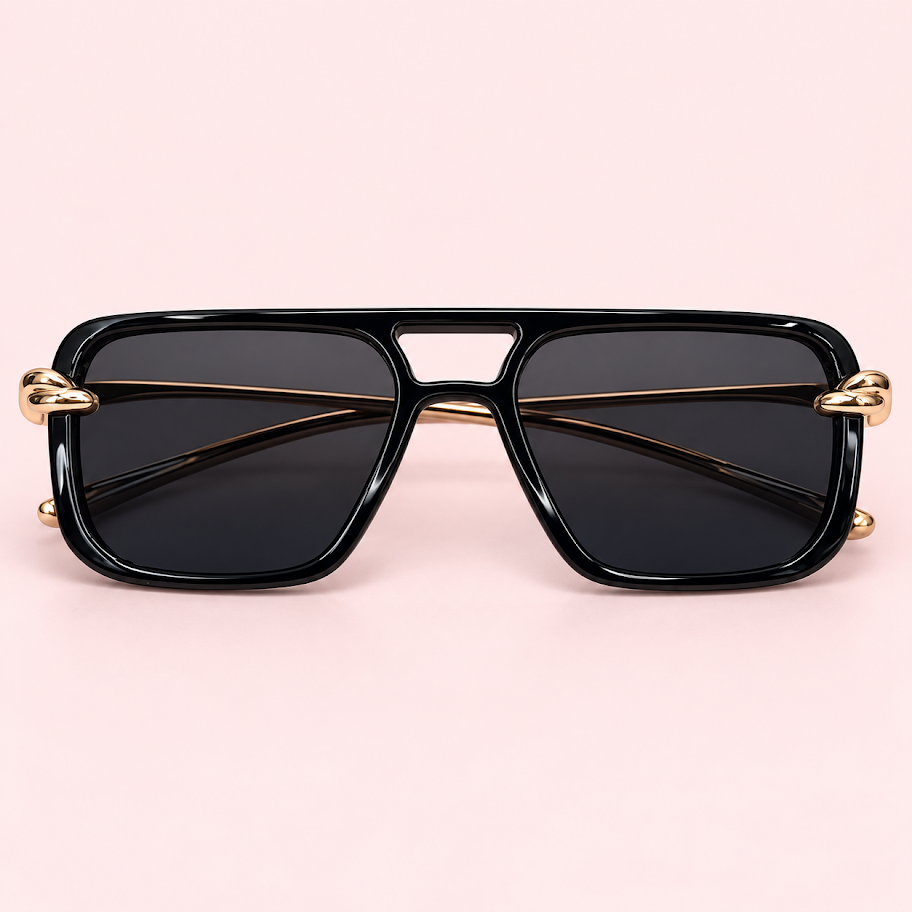 Lente de sol unisex NOVA rectangular de doble puente negro ¿con patillas metálicas doradas, cristal negro