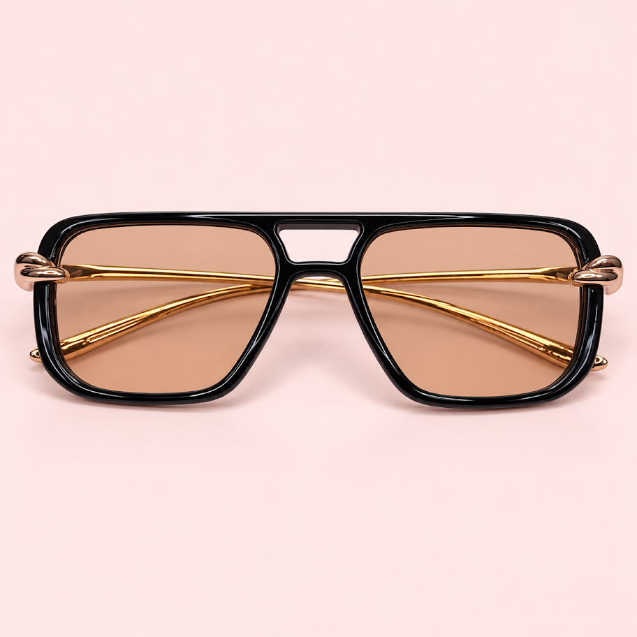 Lente de sol unisex NOVA rectangular de doble puente con patillas metálicas doradas, cristal beige
