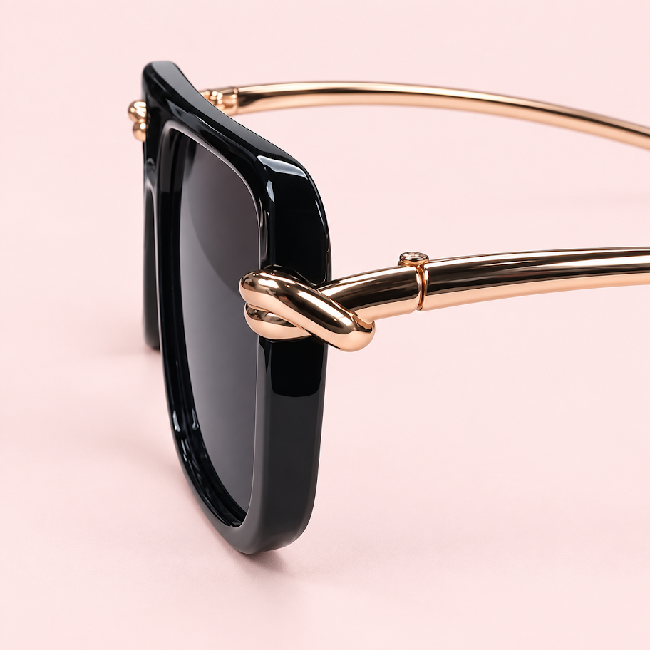 Lente de sol unisex NOVA rectangular de doble puente negro ¿con patillas metálicas doradas, cristal negro de perfil
