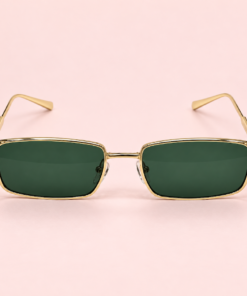 Lente de sol unisex ELIO rectangular con armazón metálico dorado y cristales verdes oscuros abiertos
