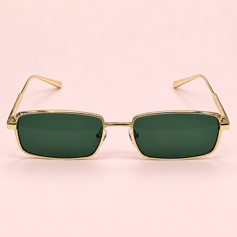 Lente de sol unisex ELIO rectangular con armazón metálico dorado y cristales verdes oscuros abiertos