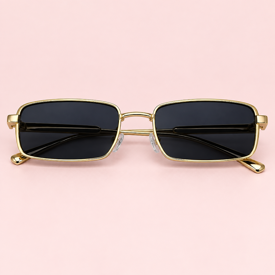 Lente de sol unisex ELIO rectangular con armazón metálico dorado y cristales negros.