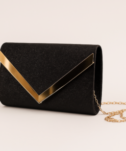 “Sobre de fiesta brillante con detalle metálico y cadena desmontable negro