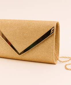 “Sobre de fiesta brillante con detalle metálico y cadena desmontable dorado
