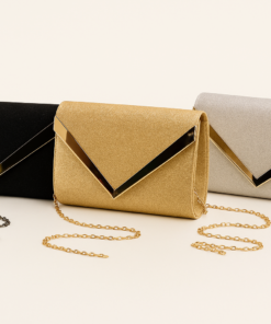 “Sobres de fiesta brillante con detalles metálico y cadena desmontable”