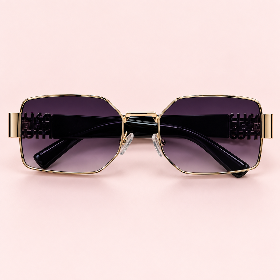 Lente de sol unisex MILA rectangular con armazón dorado, cristales degradé negro y patillas negras