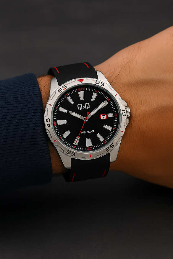 Mano de hombre exhibiendo relloj QQ con calendario negro y plateado goma sumergible