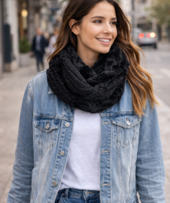 modelo luciendo Cuellito tejido negro con interior de piel