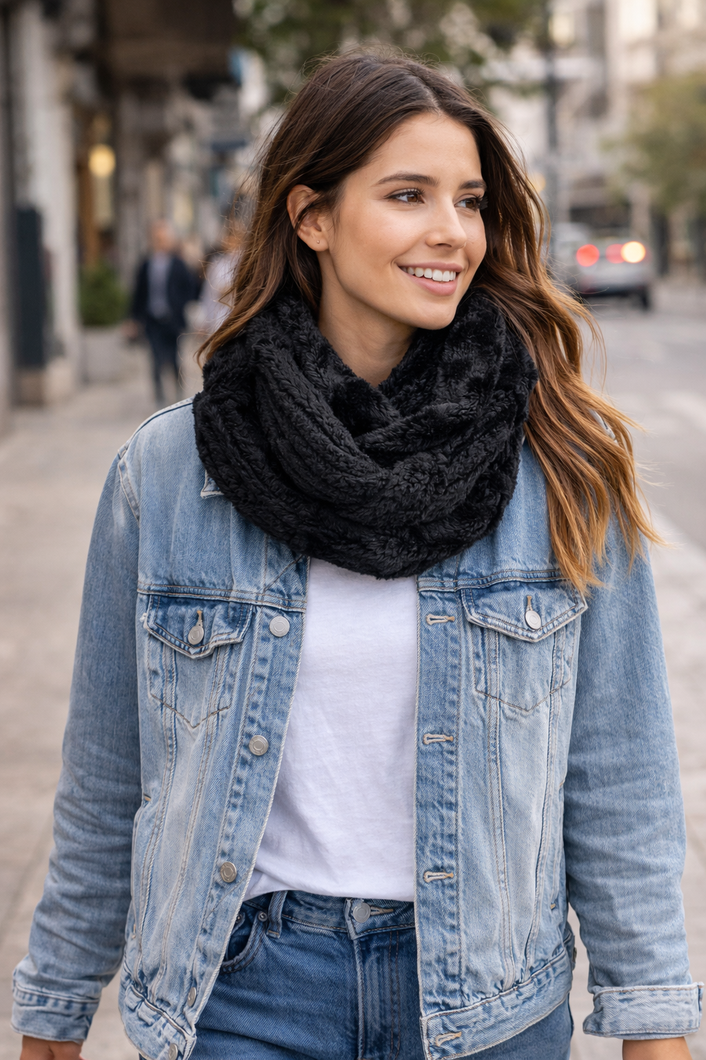 modelo luciendo Cuellito tejido negro con interior de piel