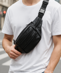 modelo luciendo Riñonera multi cierres cuero sintético negra