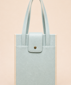 Matera cartera en cuero sintético con solapa y broche, con bolsillo trasero con cierre, diseño elegante para mate, termo y accesorios verde agua-crudo