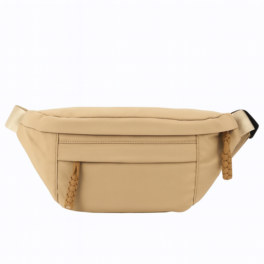 Riñonera grande de tela con cierre y correa regulable camel