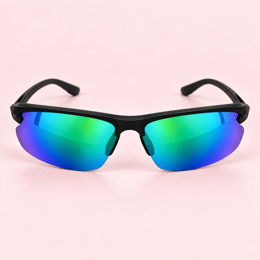 Lente de sol unisex NEXO envolvente de media armazón con cristales espejados verde azulado.