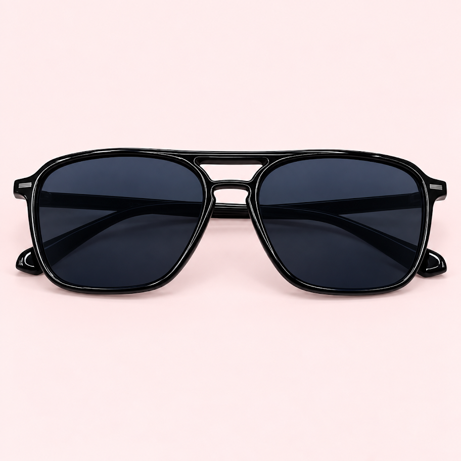 Lente de sol unisex ARLO estilo aviador con doble puente, armazón negro y cristales negros