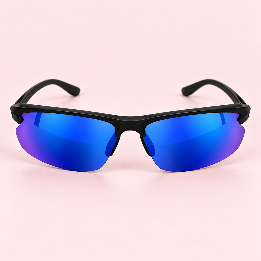 Lente de sol unisex NEXO envolvente de media armazón con cristales espejados azul.