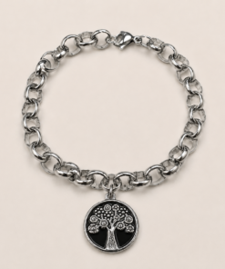 Pulsera de acero quirúrgico con cadena de eslabones y dije decorativo en acabado brillante. Arbol Vida