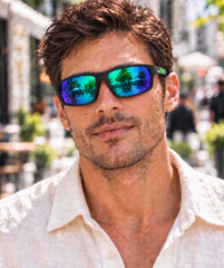 Lente de sol unisex AXIS envolvente con cristales espejados verde azulado y armazón deportiva negra