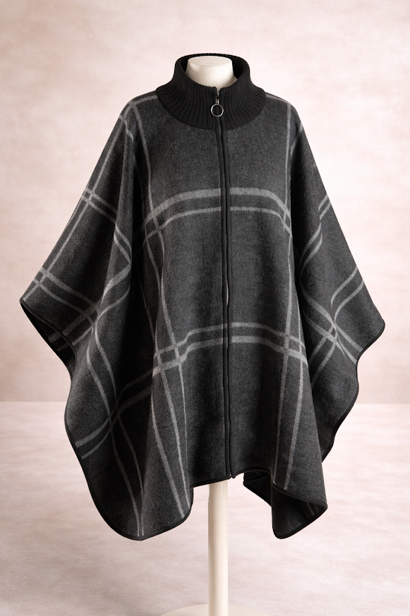 Ruana tipo capa con cierre frontal y cuello alto, ideal para invierno.