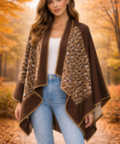 Modelo luciendo ruana animal print femenina, amplia y abrigada, ideal para looks de otoño e invierno color marrón