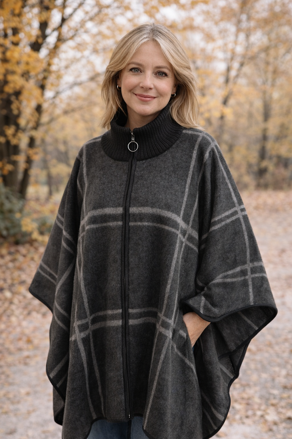 Modelo luciendo, Ruana tipo capa con cierre frontal y cuello alto, ideal para invierno.