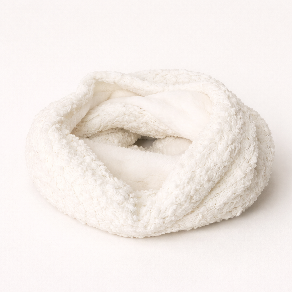 Cuellito de chenille con interior en piel sintética, suave y abrigado para invierno, color blanco.