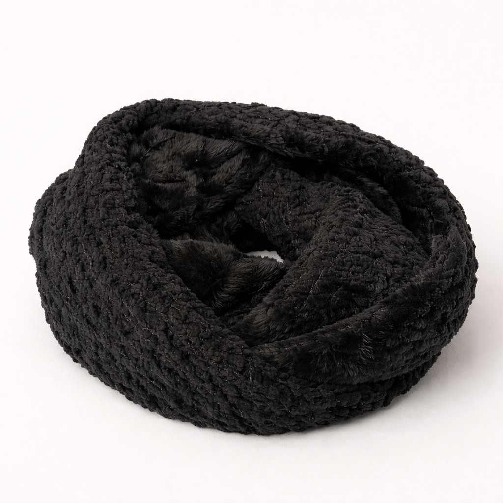 Cuellito de chenille con interior en piel sintética, suave y abrigado para invierno, color negro
