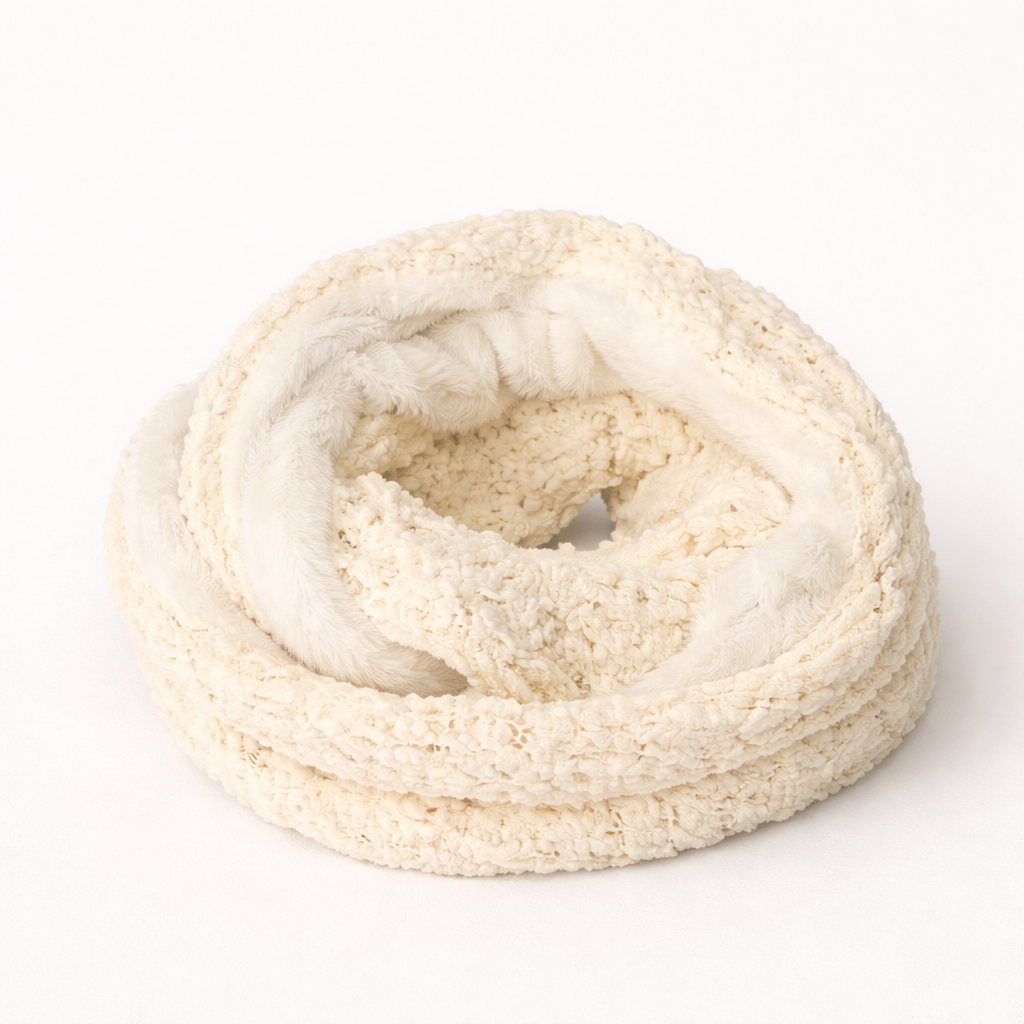 Cuellito de chenille con interior en piel sintética, suave y abrigado para invierno, color crudo.