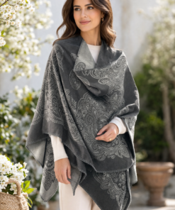 Ruana estampada reversible con diseño arabesco, amplia, elegante y abrigada para looks de otoño e invierno