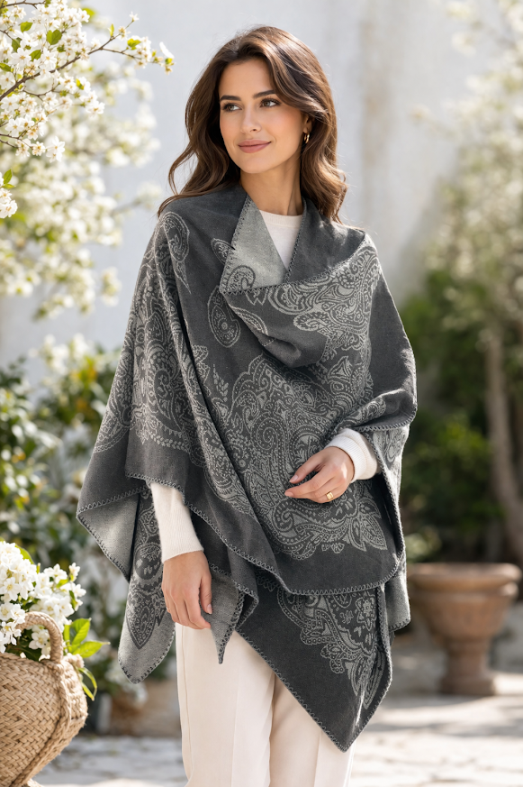 Ruana estampada reversible con diseño arabesco, amplia, elegante y abrigada para looks de otoño e invierno