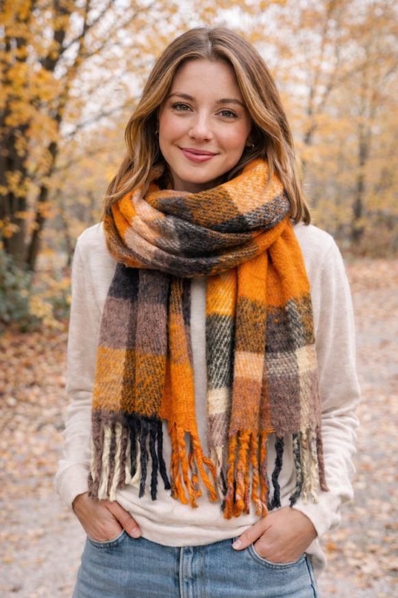 Modelo con Bufandón de tejido suave con flecos, ideal para looks abrigados de otoño e invierno, rayado naranja y negro