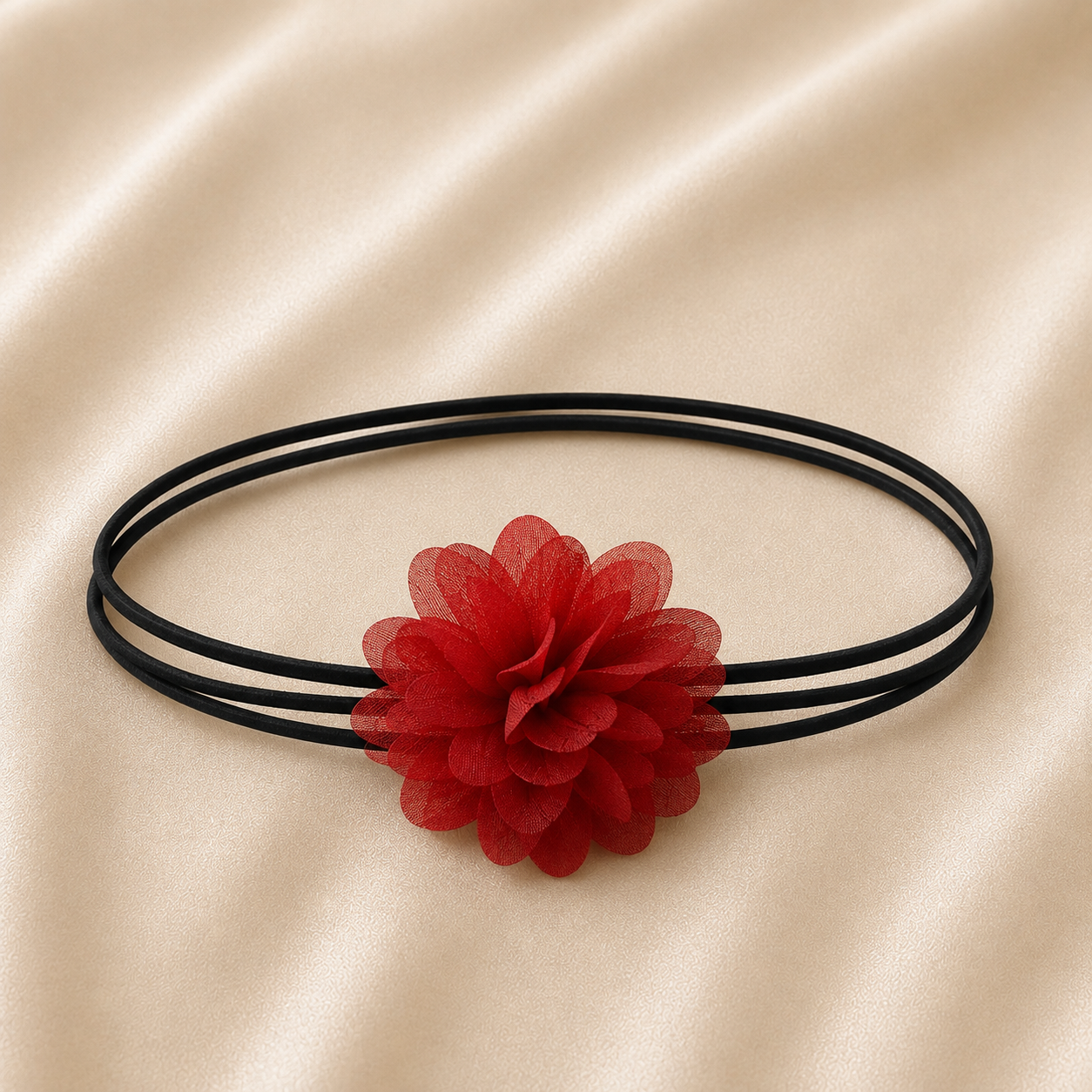 Choker negro de tiras finas para con flor de tela roja