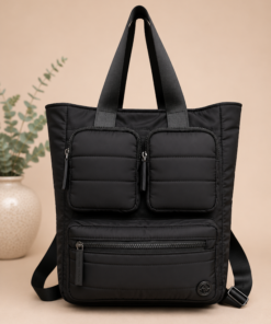 Bolso mochila capitoneado con varios bolsillos frontales, asas y correa regulables negro