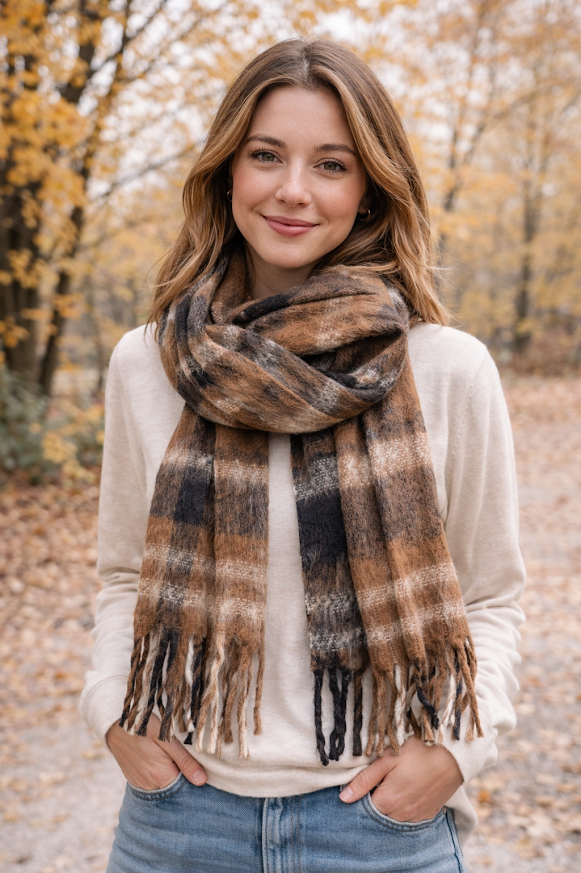 Modelo con Bufandón de tejido suave con flecos, ideal para looks abrigados de otoño e invierno, rayado marrón.