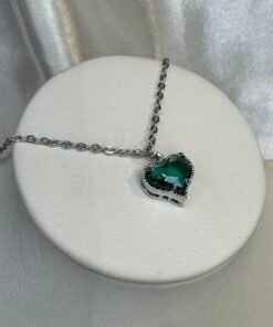 conjunto acero cadena y dije corazon cristal verde
