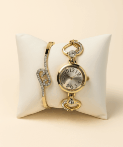 Pack reloj corazón mas pulsera con brillos dorado
