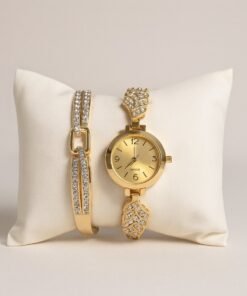Pack reloj pulsera hojas mas brazalete con brillos dorado