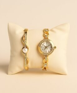 Pack reloj pulsera perla mas brazalete con brillo dorado