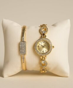 Pack reloj pulsera circle mas brazalete con brillos dorado