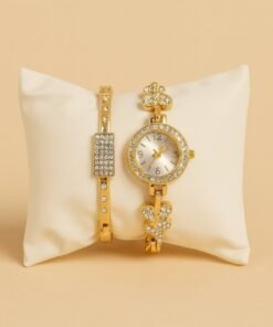 Pack de reloj pulsera mariposa mas brazalete con brillos en dorado