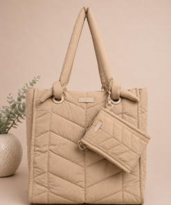 Bolso acolchado de mujer con asas largas y morral adicional a juego beige