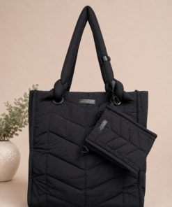 Bolso acolchado de mujer con asas largas y morral adicional a juego negro