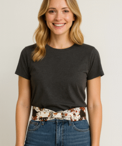 Mujer vestida casual con jean y remera negra, luciendo cinto cow print vaca con tachas