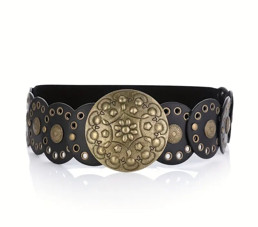 Cinto boho elastizado chapon bronce, color negro