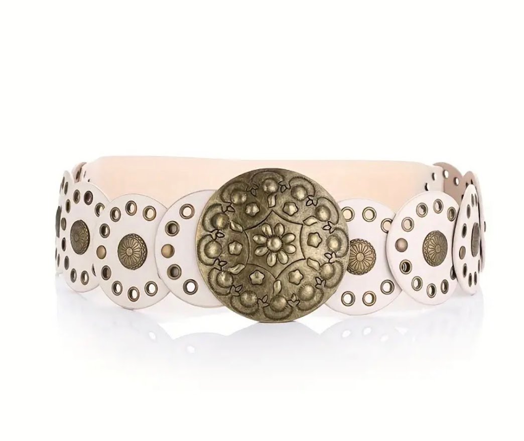 Cinto boho elastizado chapón bronce, color crudo