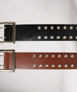 Cintos anchos con doble hilera de ojalillos y hebilla cuadrada dorada color whisky y negro